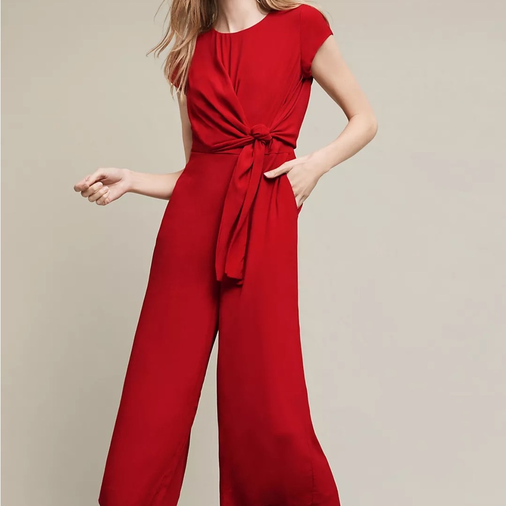 Anthropologie Maeve Grier Midi Jumpsuit | Size 0| Red Jumpsuit| Mid Calf